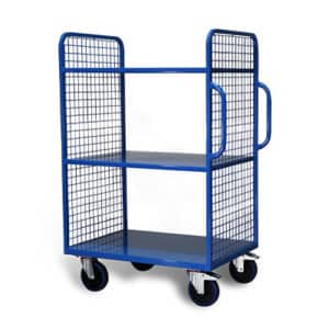 Custom order picking trolley with mesh ends. Features 150 mm diameter castors.