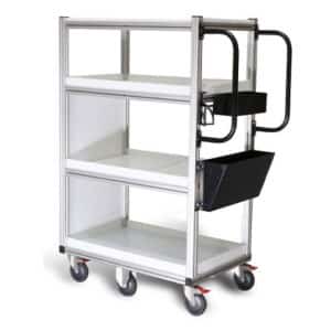 Modular warehouse order picker manufactured from extruded aluminum sections with PVC decks.