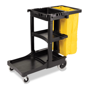Janitor cart with zippered yellow vinyl bag